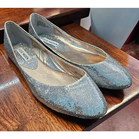 Steve Madden Silver Glitter Flat Shoes Womens size 9 P-Heaven - Picture 3 of 8